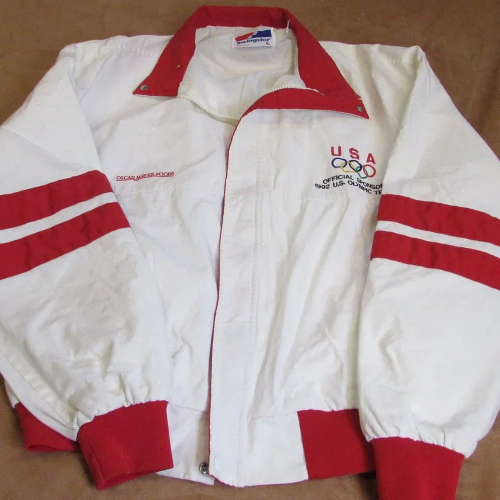Vintage 1992 Olympics Team USA Oscar Meyer Foods White Red Bomber Jacket Large